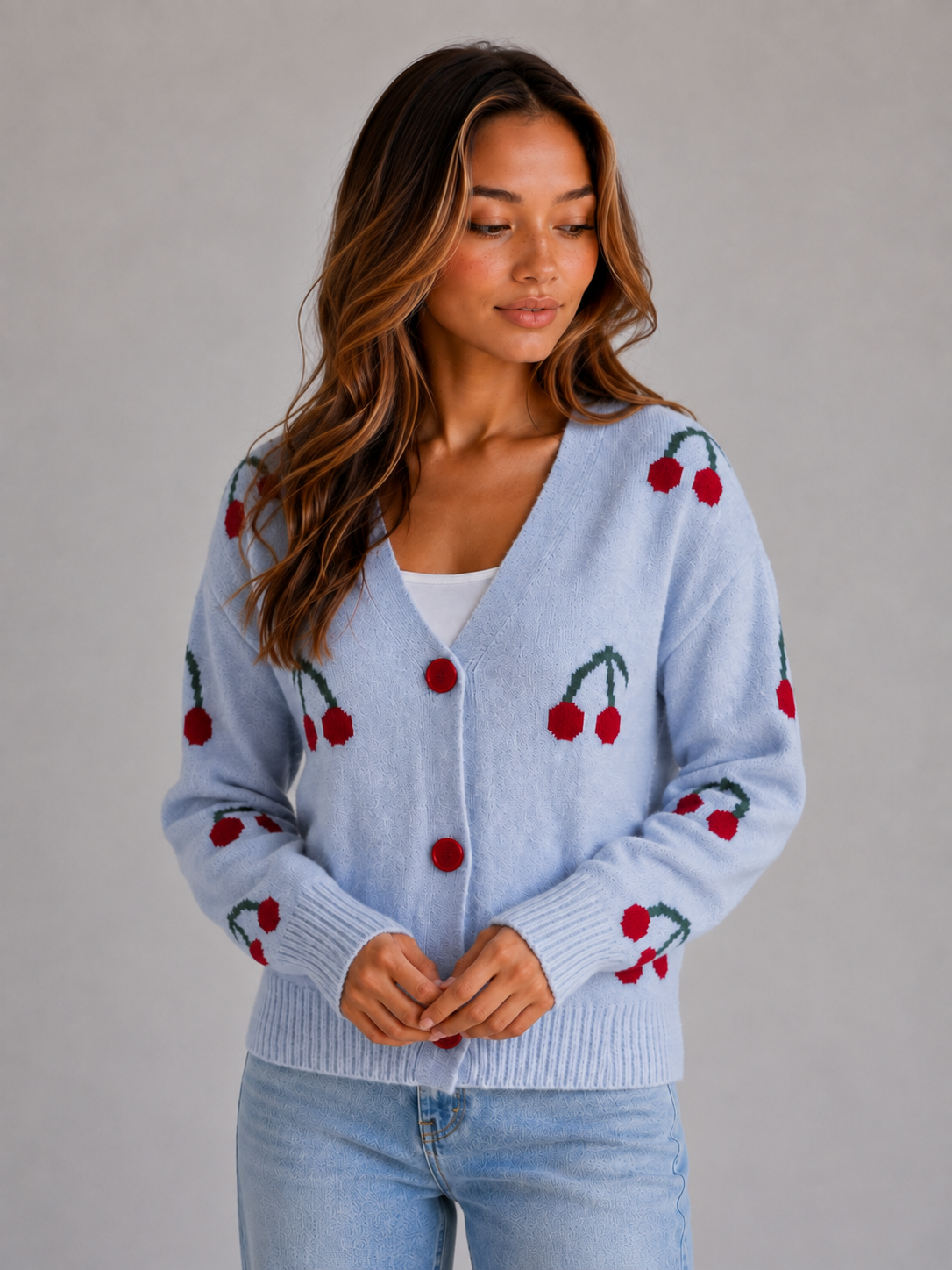Feathorne Women's Cherry Print V-Neck Cardigan - view 5