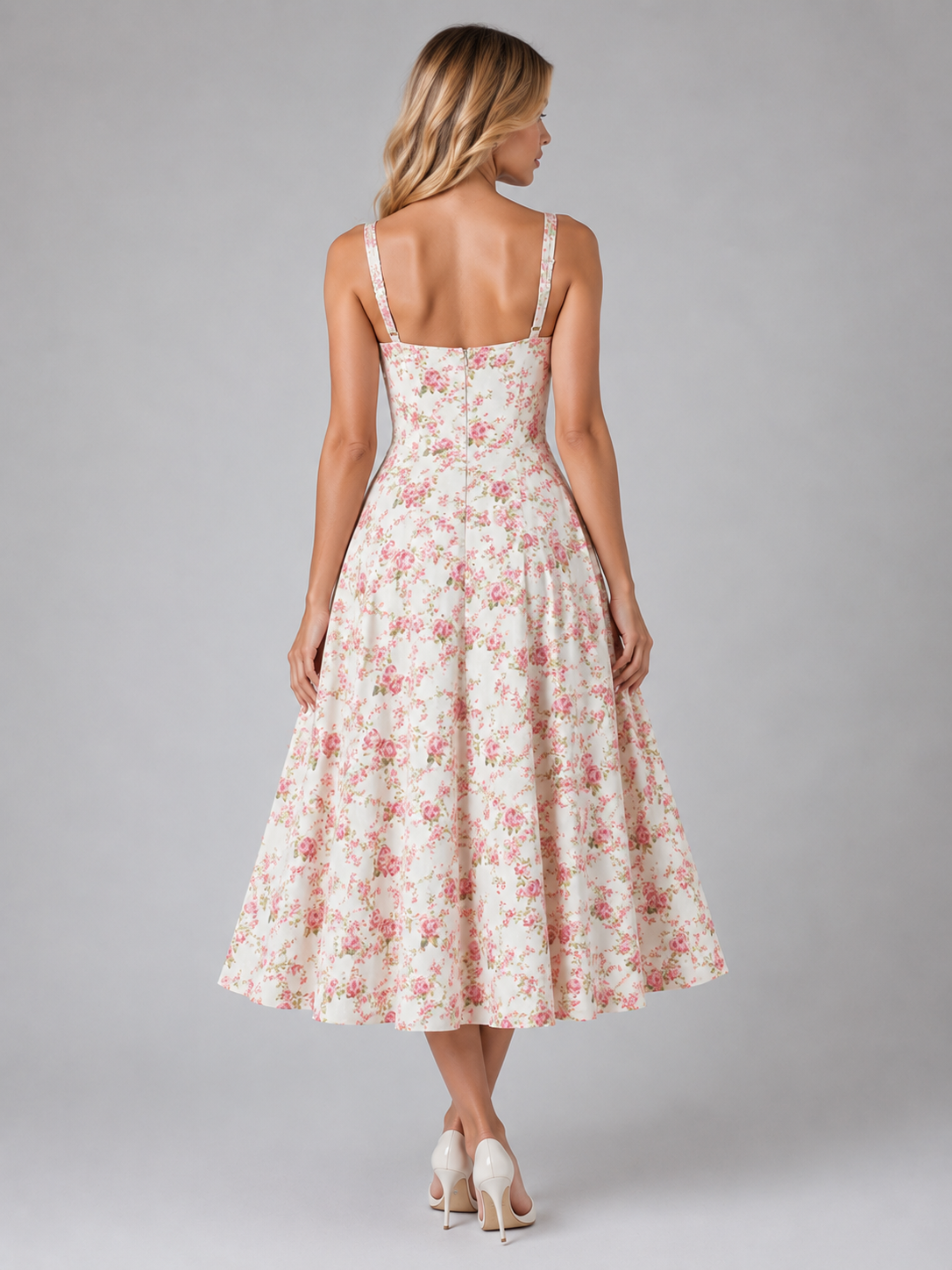 Feathorne Women's Cecily Floral Corset Sweetheart Neck Midi Dress - full length styling