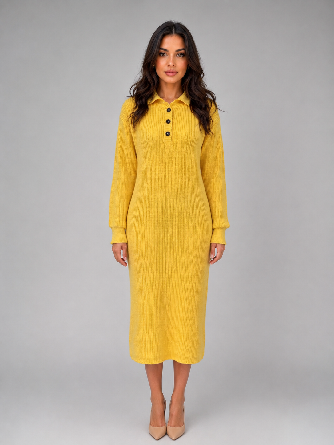 Feathorne Women's Polo Collar Long Sleeve Knitted Midi Dress - view 7