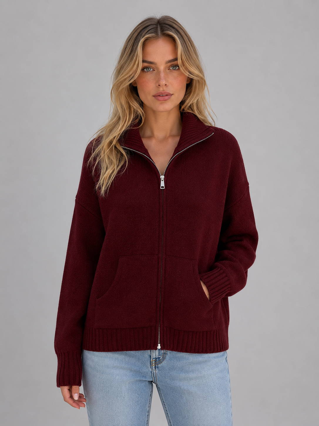 Feathorne Women's Philippa Zip Up Knitted Cardigan - detail view showing funnel neck