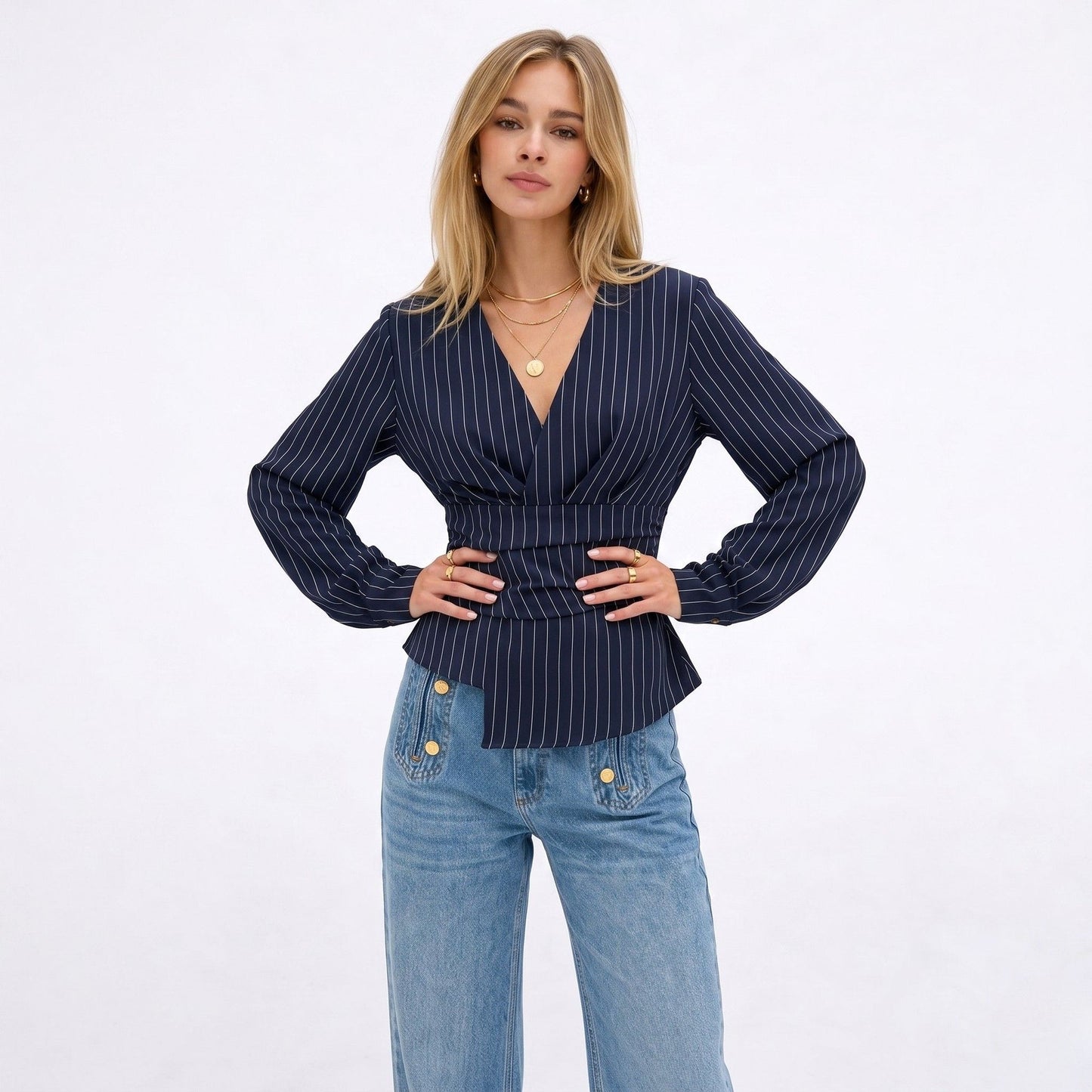 Eloise Pinstripe Wrap Blouse - styled view