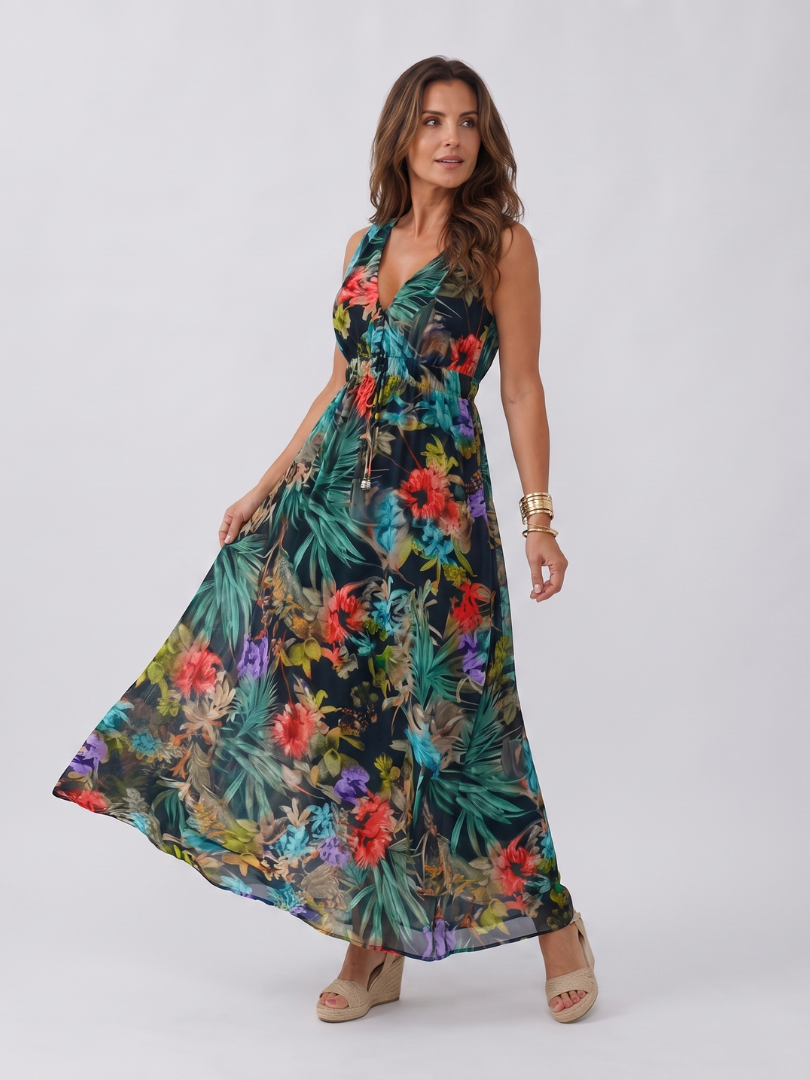 Marina Empire Waist Midi Dress - multicolour front view