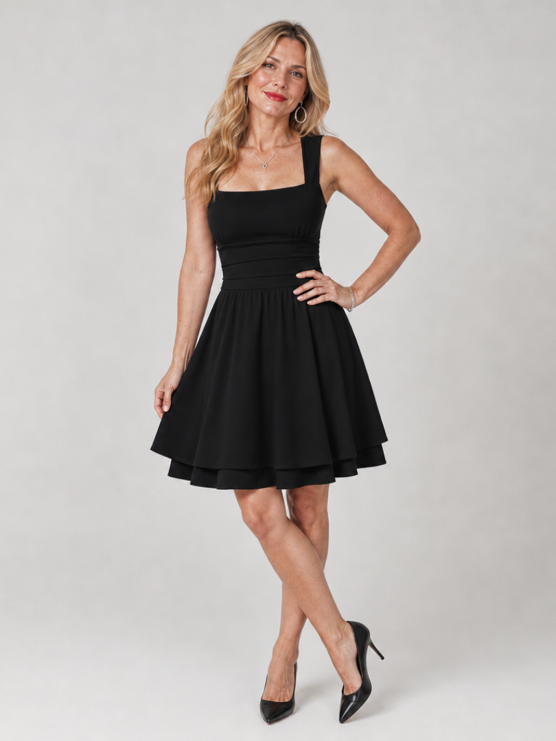 Poppy Square Neck Mini Dress - black front view