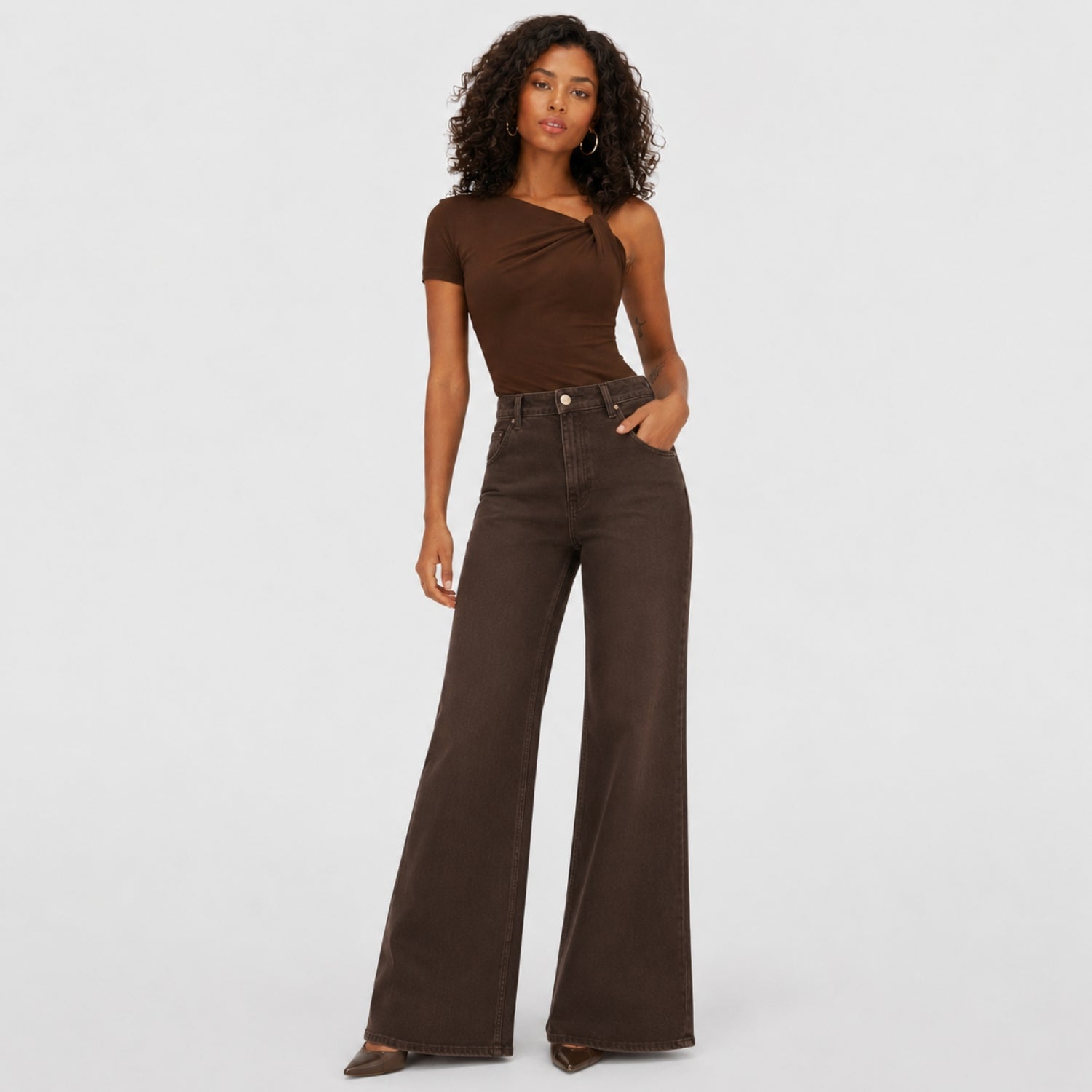 Eleanor wide leg jeans, side view, brown