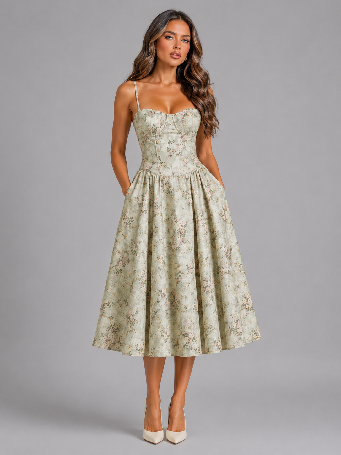 Feathorne Women's Daisy Green Floral Corset Midi Dress - front view