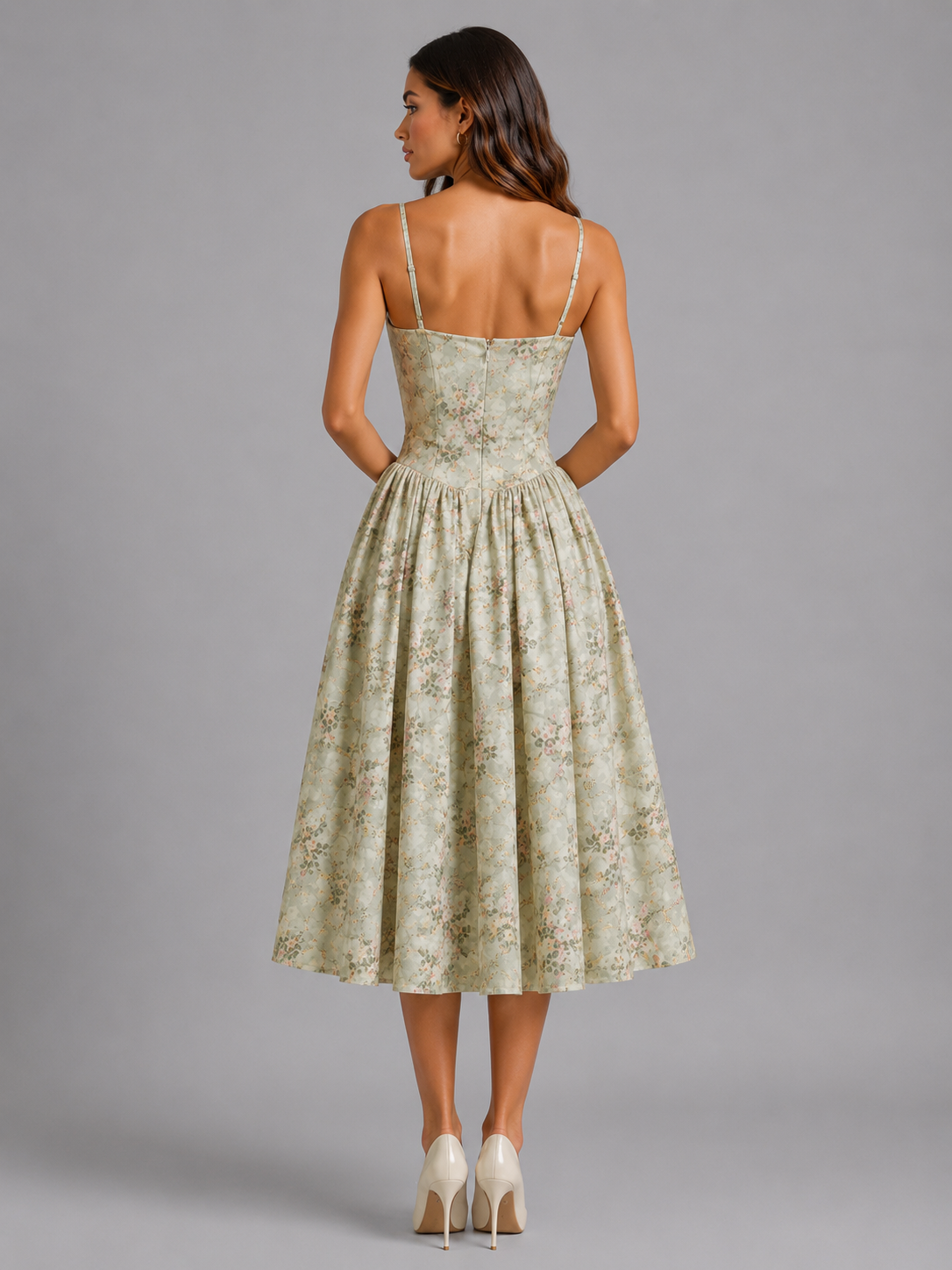 Feathorne Women's Daisy Green Floral Corset Midi Dress - bodice detail close-up