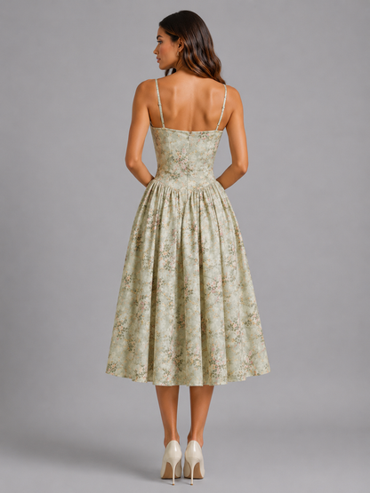 Feathorne Women's Daisy Green Floral Corset Midi Dress - bodice detail close-up