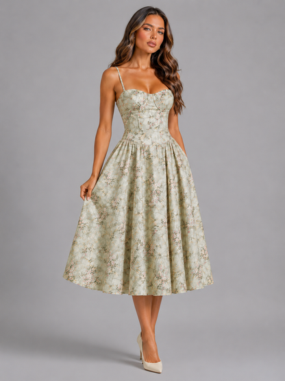 Feathorne Women's Daisy Green Floral Corset Midi Dress - back view
