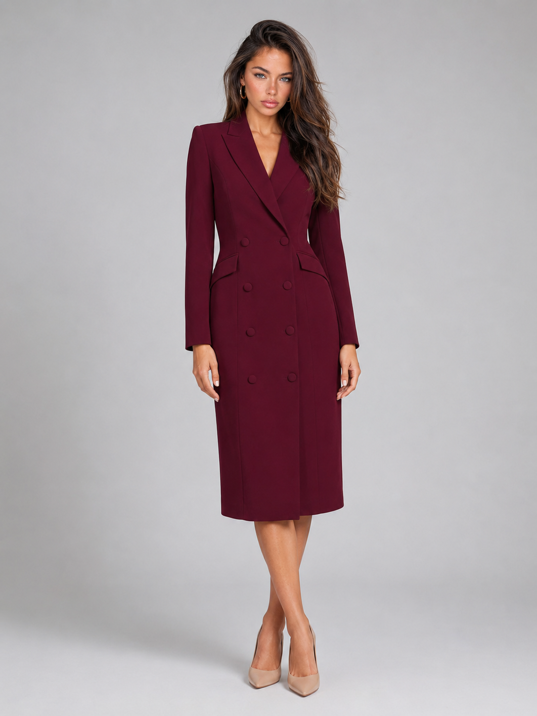 Feathorne Women's Josephine Burgundy Blazer Midi Dress - front view