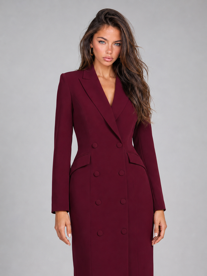 Feathorne Women's Josephine Burgundy Blazer Midi Dress - button detail close-up
