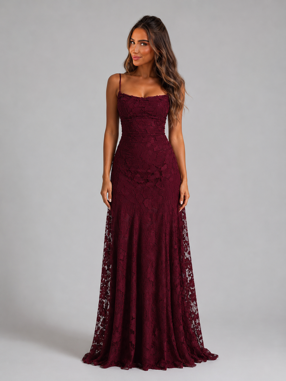 Feathorne Women's Marigold Burgundy Floral Maxi Dress - styled full length view