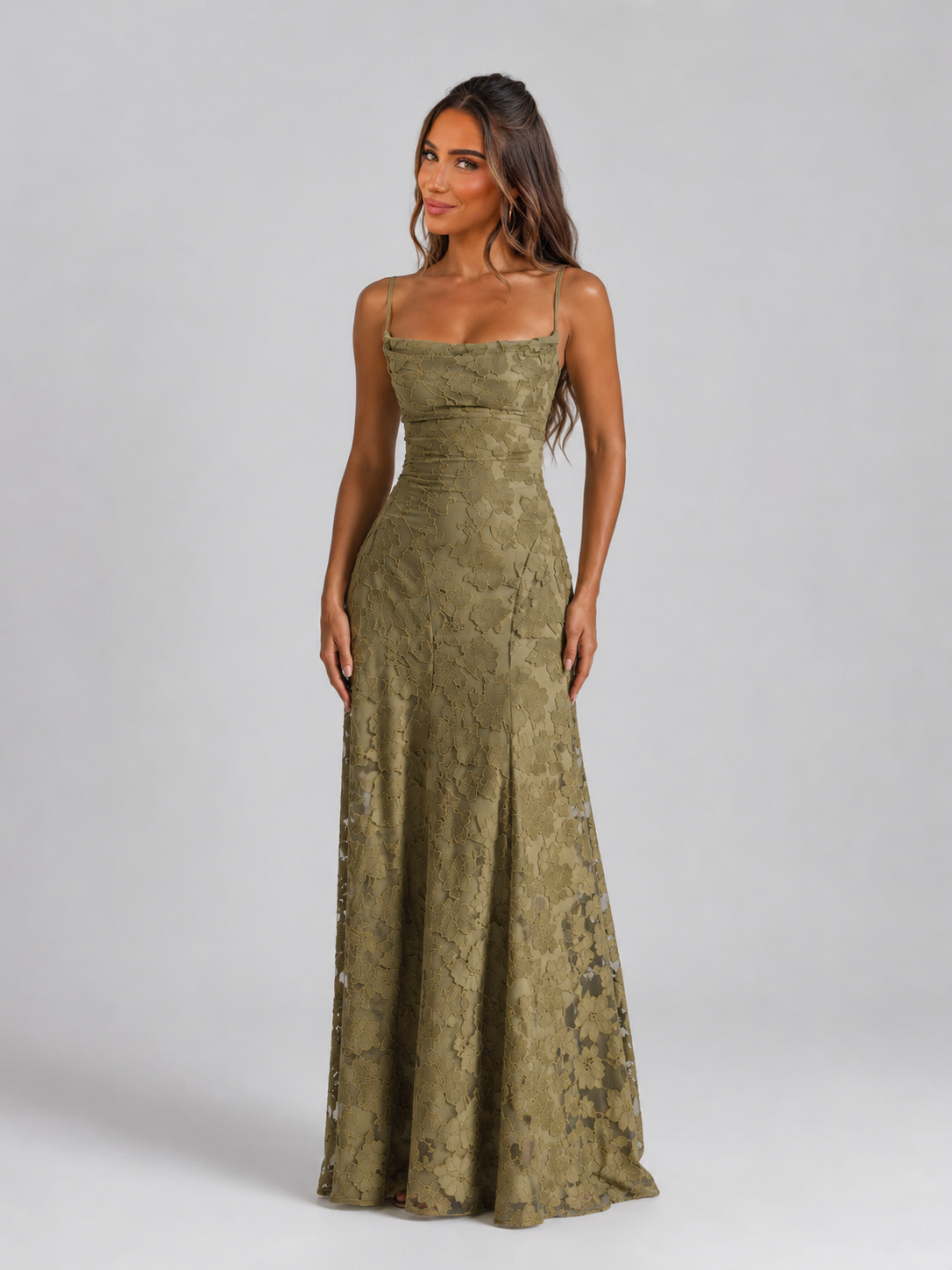 Feathorne Women's Marigold Green Floral Maxi Dress - front view