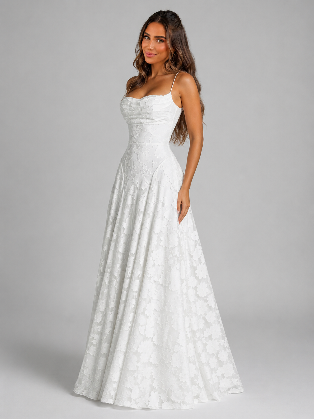 Feathorne Women's Marigold White Floral Maxi Dress - styled full length view