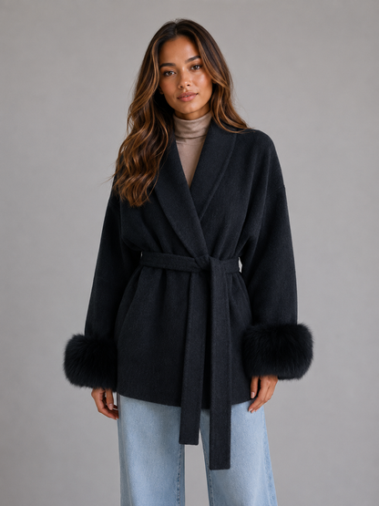 Feathorne Women's Belted Faux Fur Trim Wrap Coat - view 6