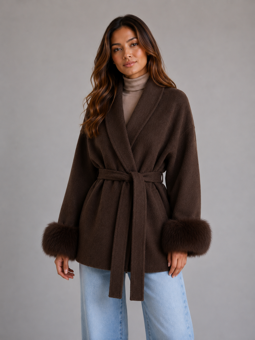 Feathorne Women's Belted Faux Fur Trim Wrap Coat - view 5