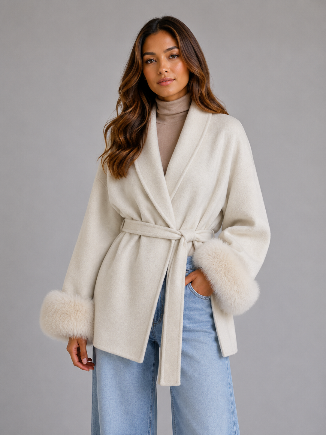 Feathorne Women's Belted Faux Fur Trim Wrap Coat - view 4