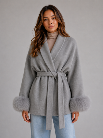 Feathorne Women's Belted Faux Fur Trim Wrap Coat - view 1