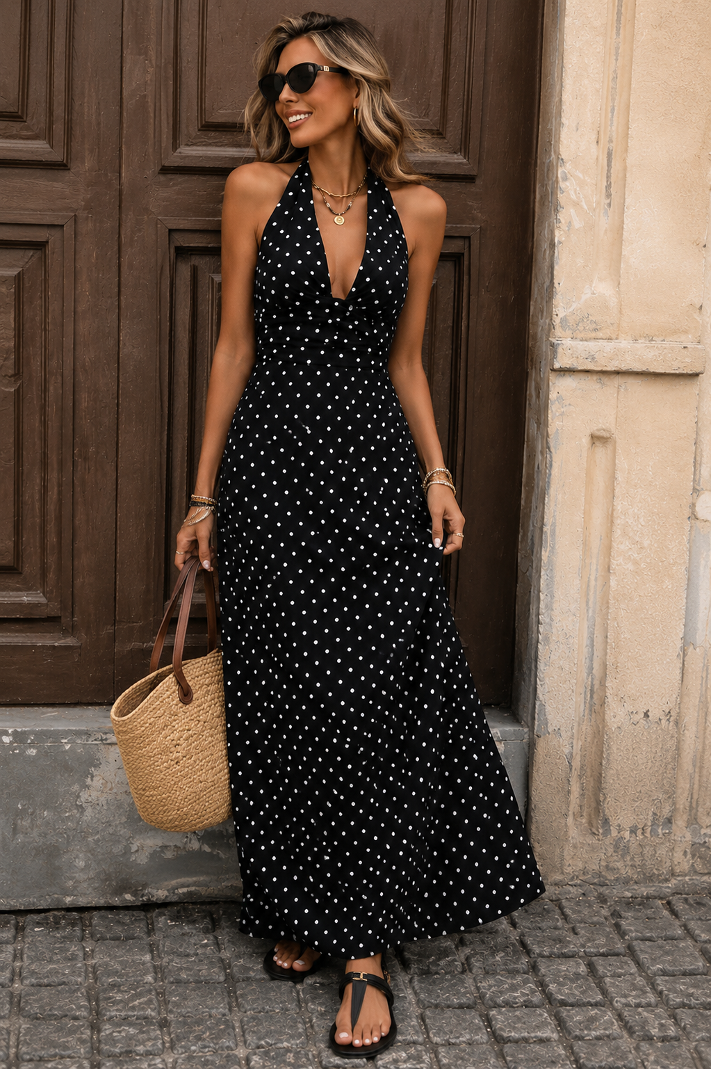 Clara Polka Dot Maxi Dress - black front view