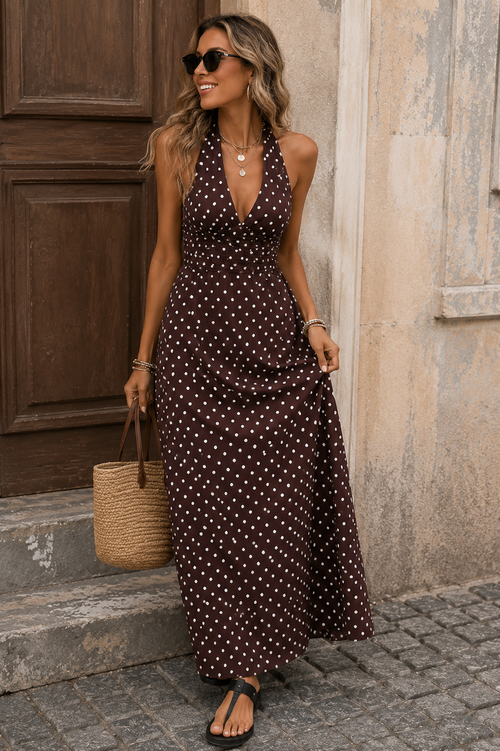 Clara Polka Dot Maxi Dress - brown front view