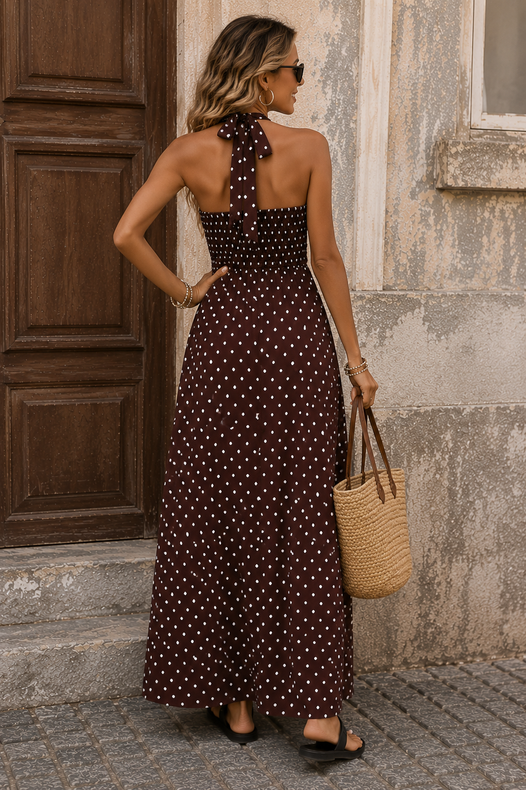 Clara Polka Dot Maxi Dress - brown styled view