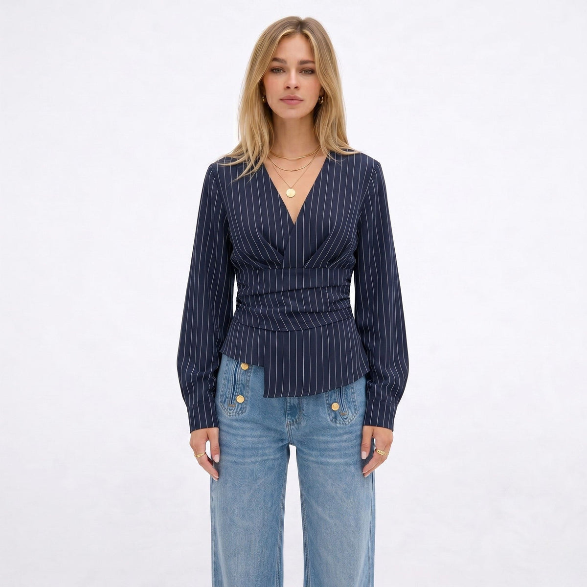 Eloise Pinstripe Wrap Blouse - front view