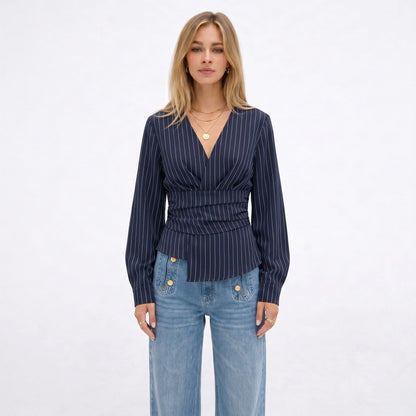 Eloise Pinstripe Wrap Blouse - front view