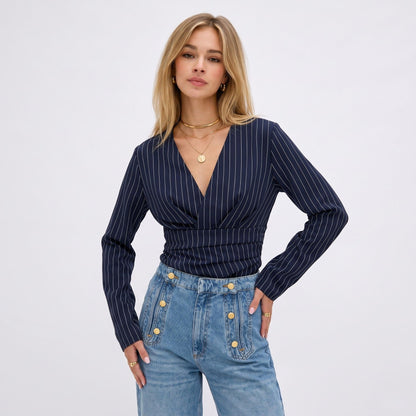 Eloise Pinstripe Wrap Blouse - detail view