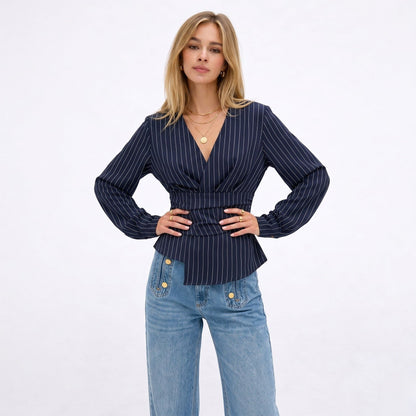 Eloise Pinstripe Wrap Blouse - styled view