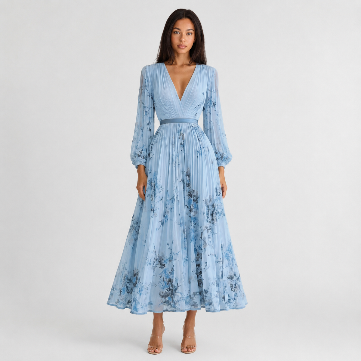 Juliette V-Neck Midi Dress - blue front view