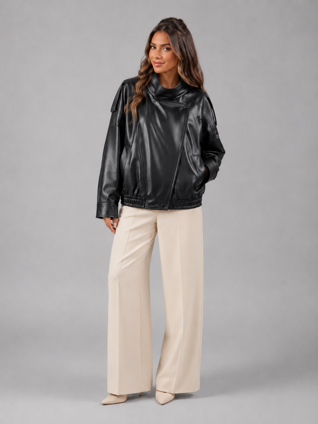 Margaux Faux Leather Bomber Jacket - full length styling