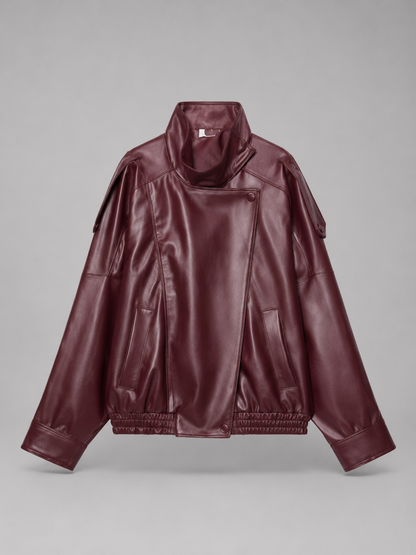 Margaux Faux Leather Bomber Jacket - collar and zip detail