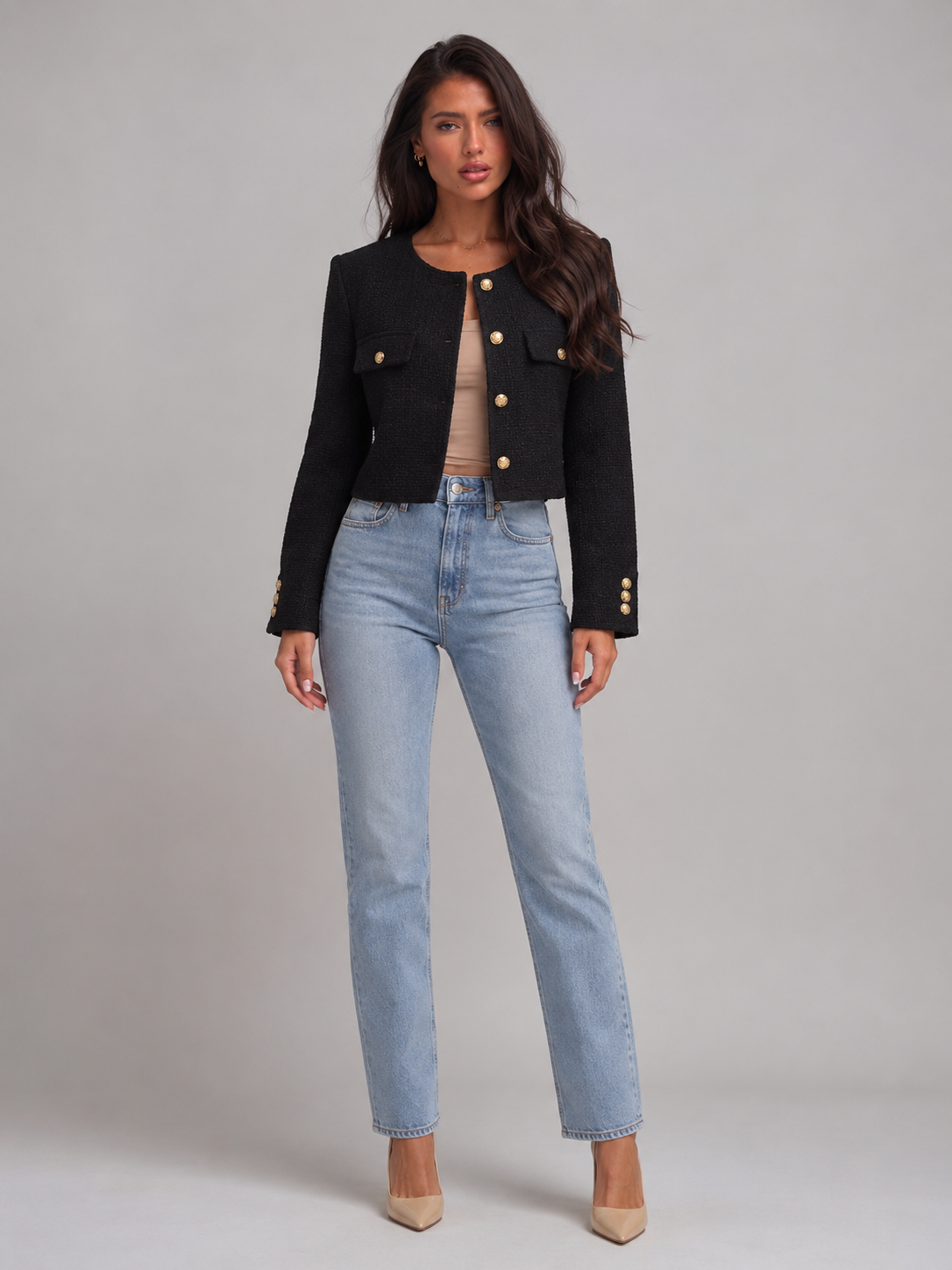 Marielle Tweed Cropped Jacket - black styled view