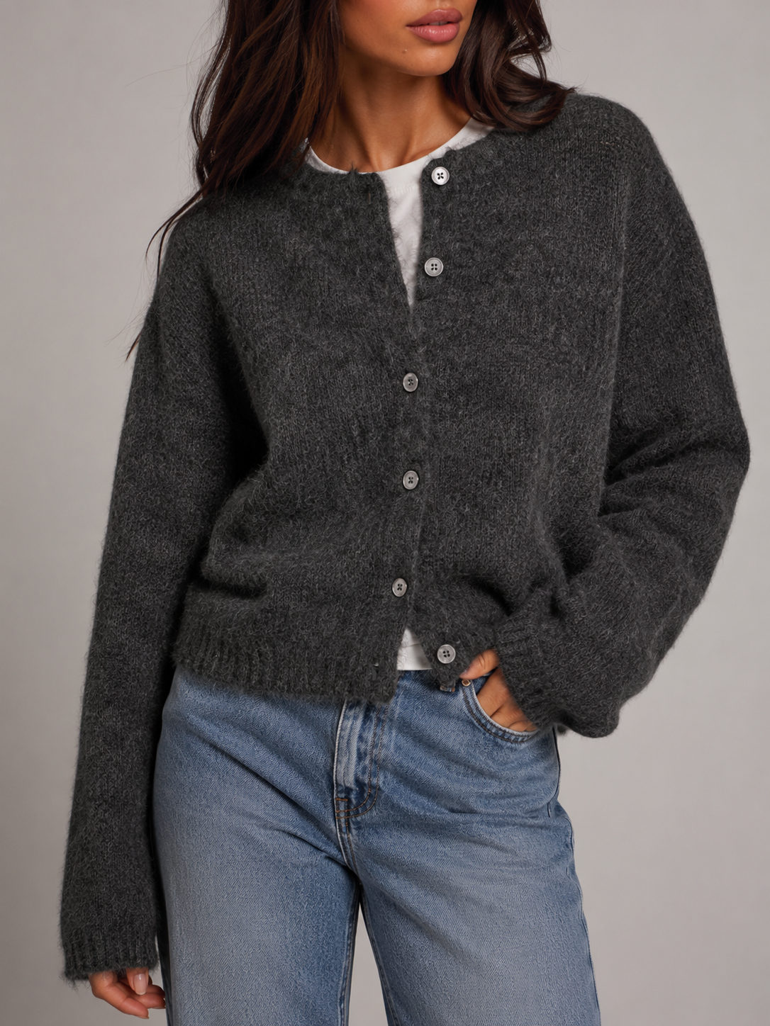 Marnie Fuzzy Knit Cardigan - styled with trousers