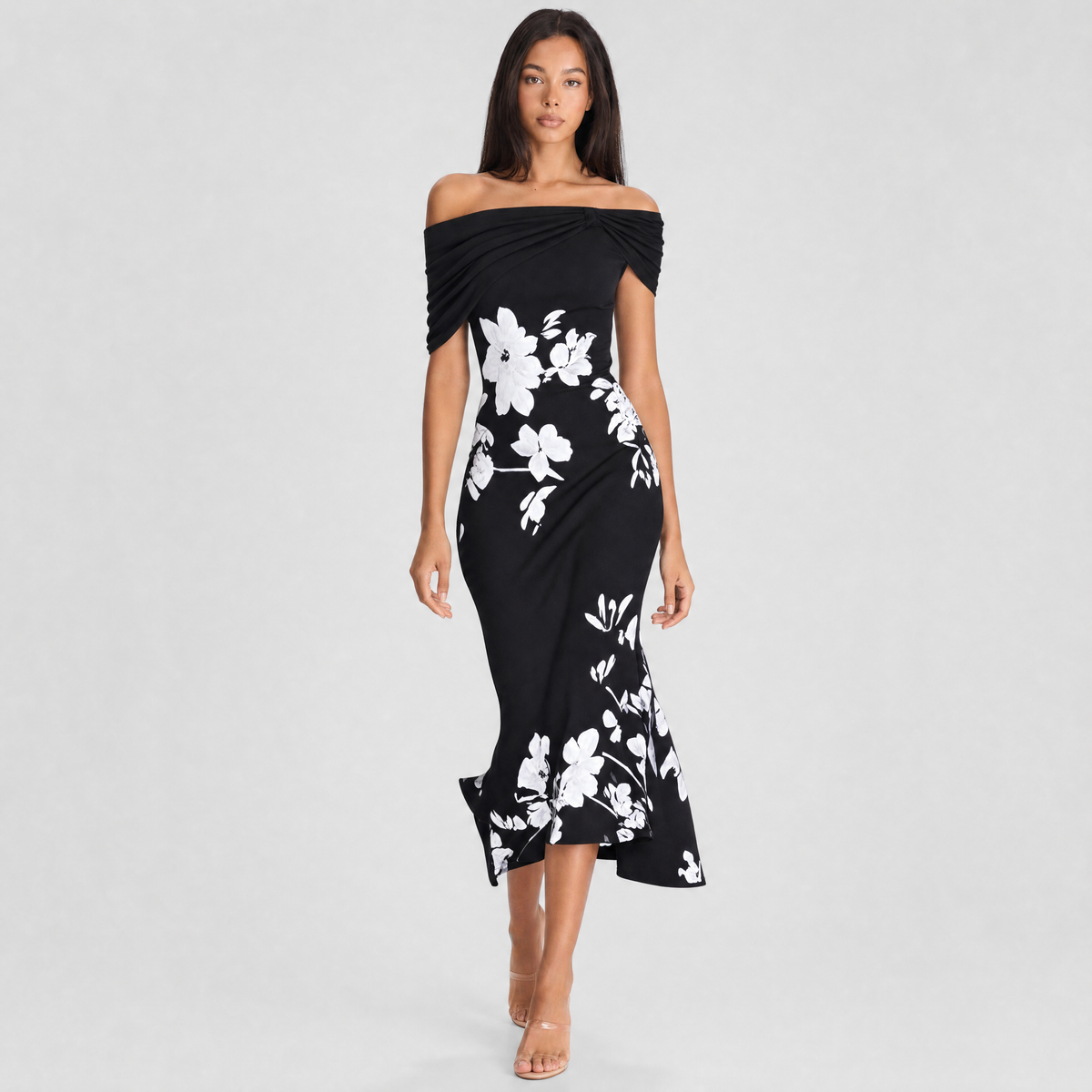 Rosalind Off-Shoulder Midi Dress - black front view