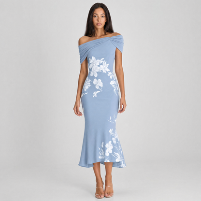 Rosalind Off-Shoulder Midi Dress - blue front view