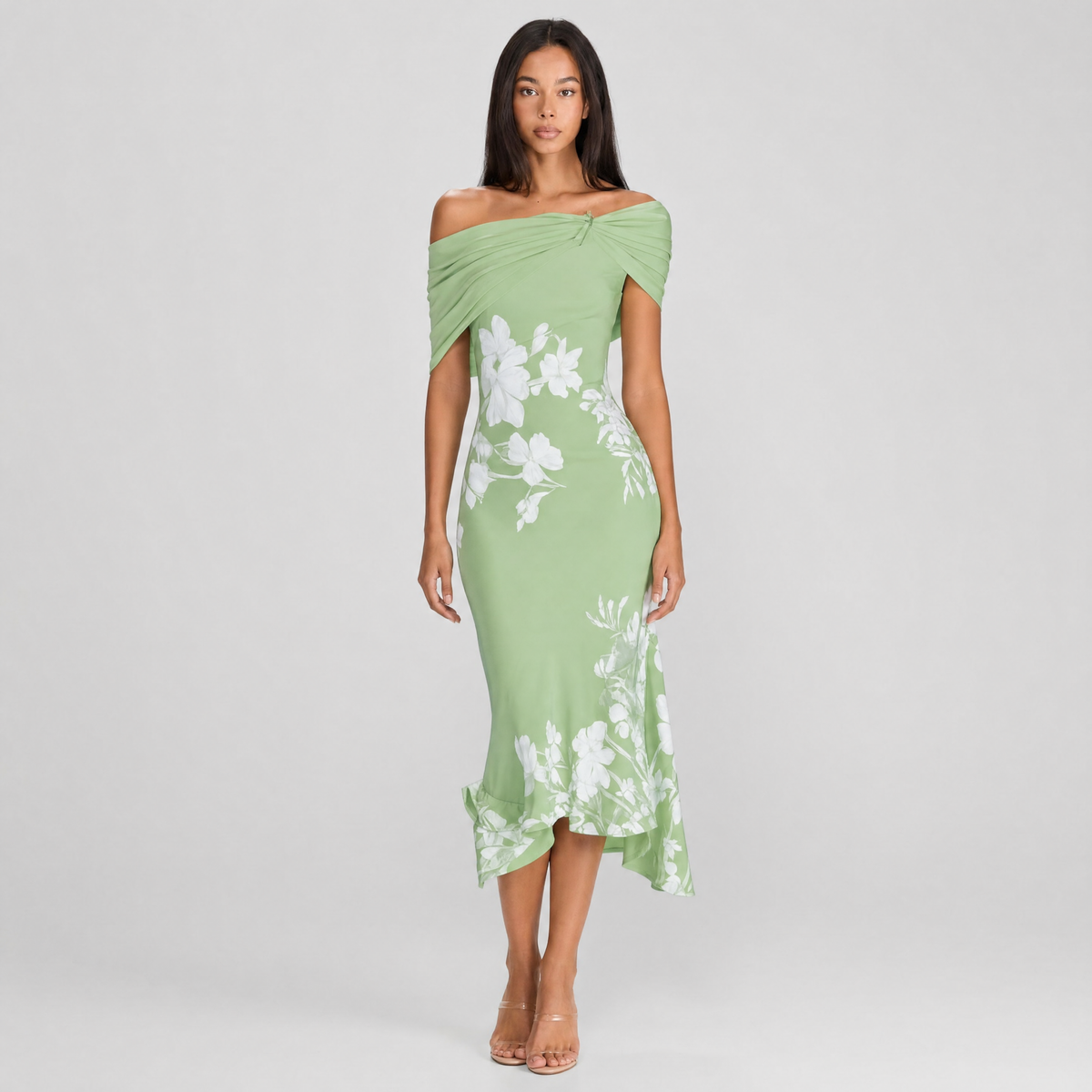 Rosalind Off-Shoulder Midi Dress - green front view