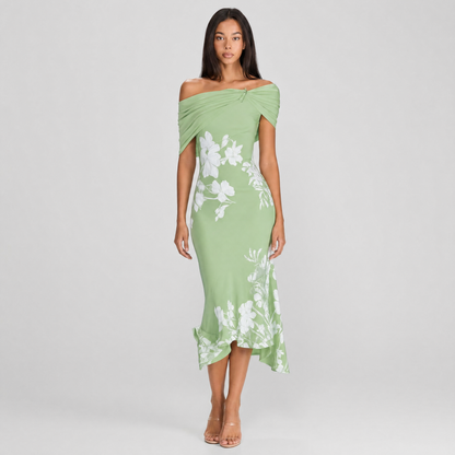 Rosalind Off-Shoulder Midi Dress - green front view
