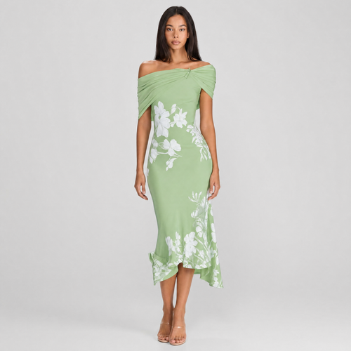 Rosalind Off-Shoulder Midi Dress - green front view