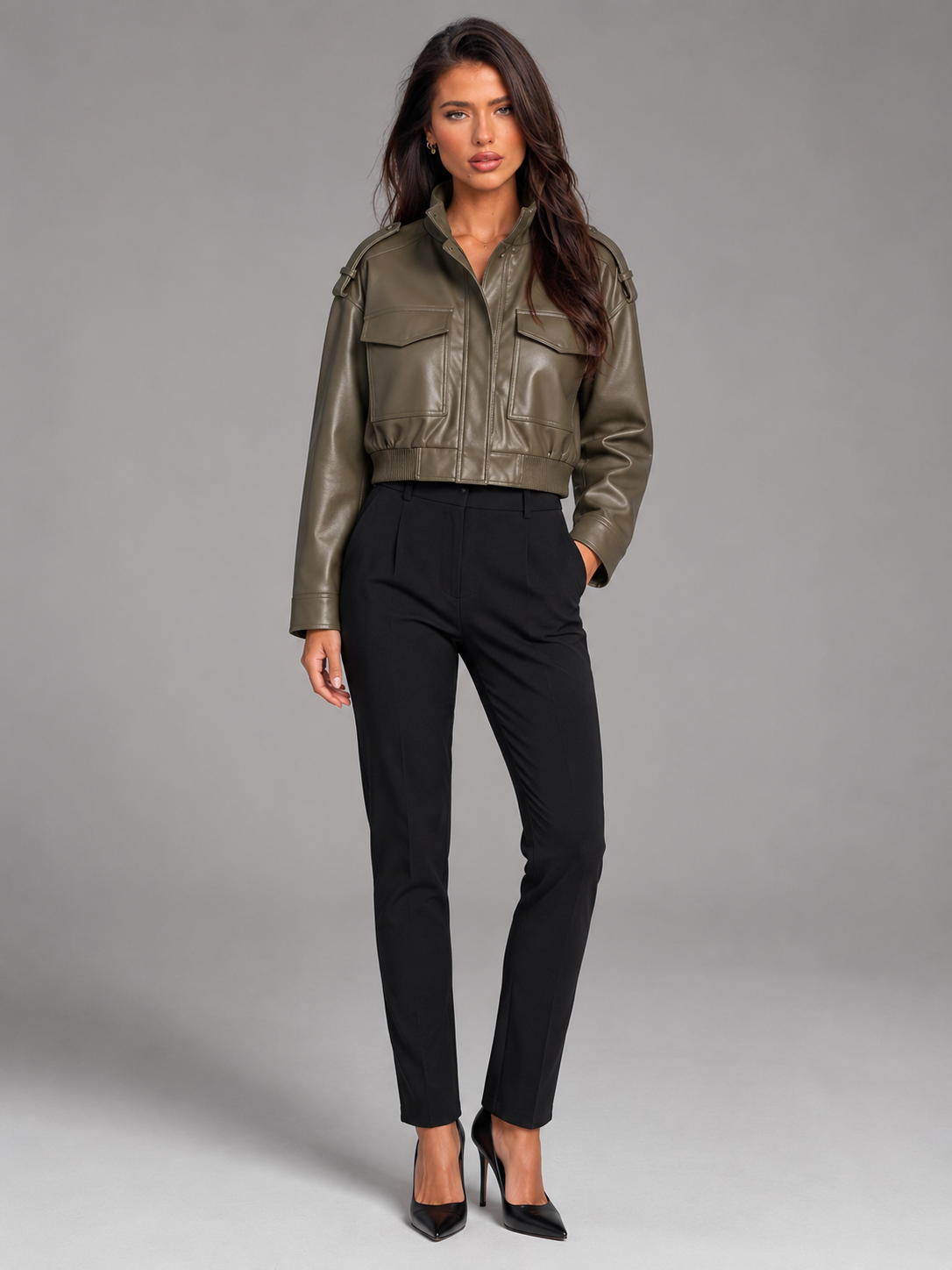 Talia Faux Leather Utility Jacket - front view