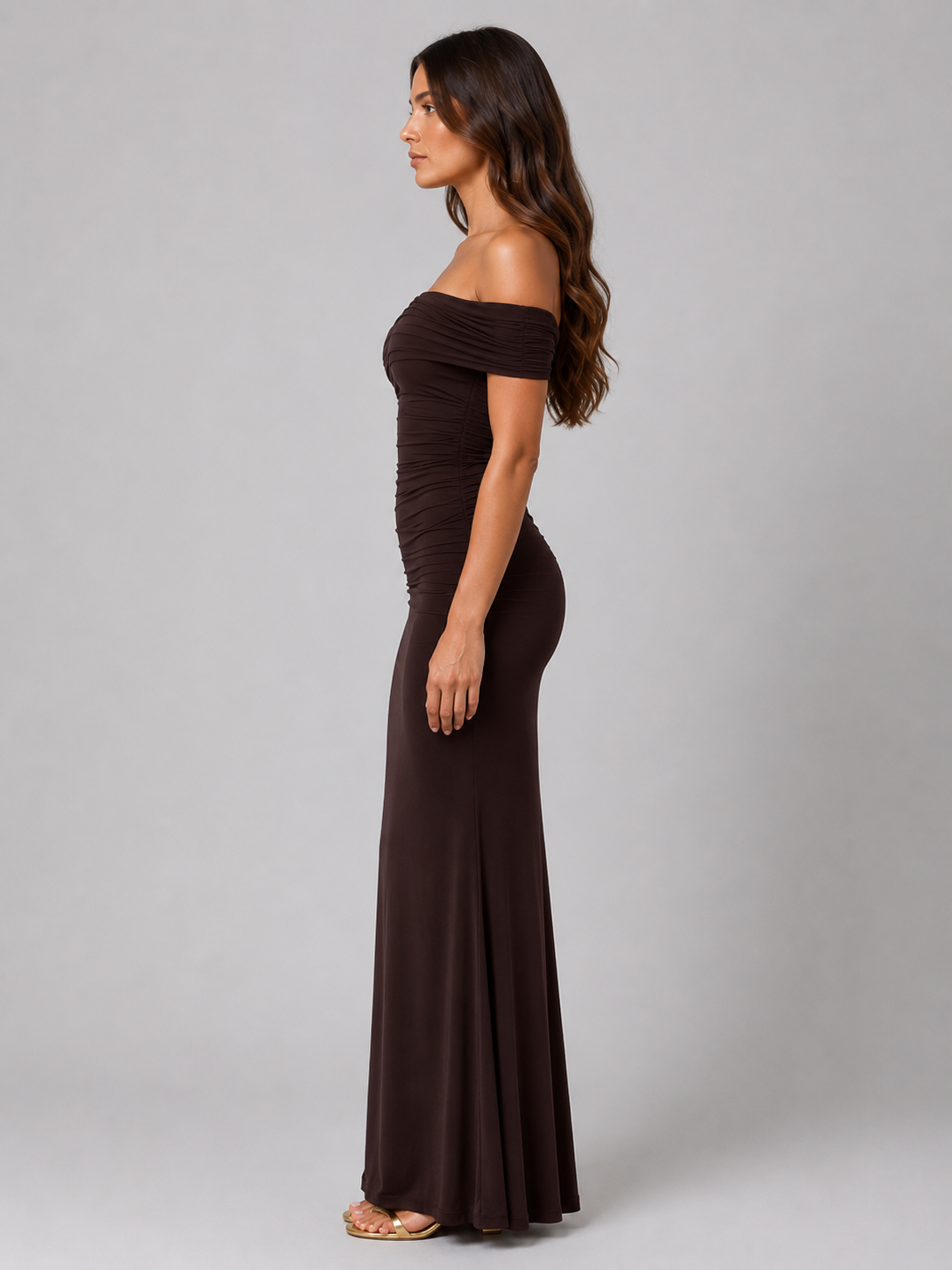 Feathorne Women's Dark Brown One Shoulder Ruched Maxi Dress - view 4