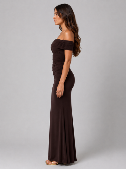 Feathorne Women's Dark Brown One Shoulder Ruched Maxi Dress - view 4