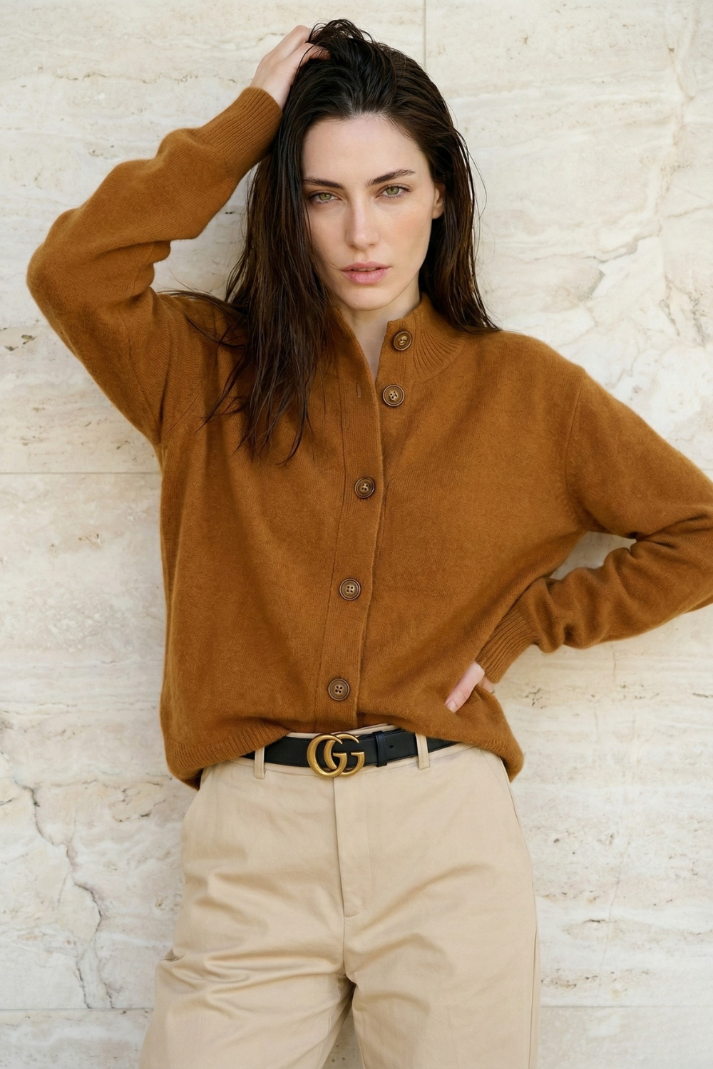 Feathorne Women's Rosanna Fire Orange Cashmere Blend Cardigan - fabric texture detail