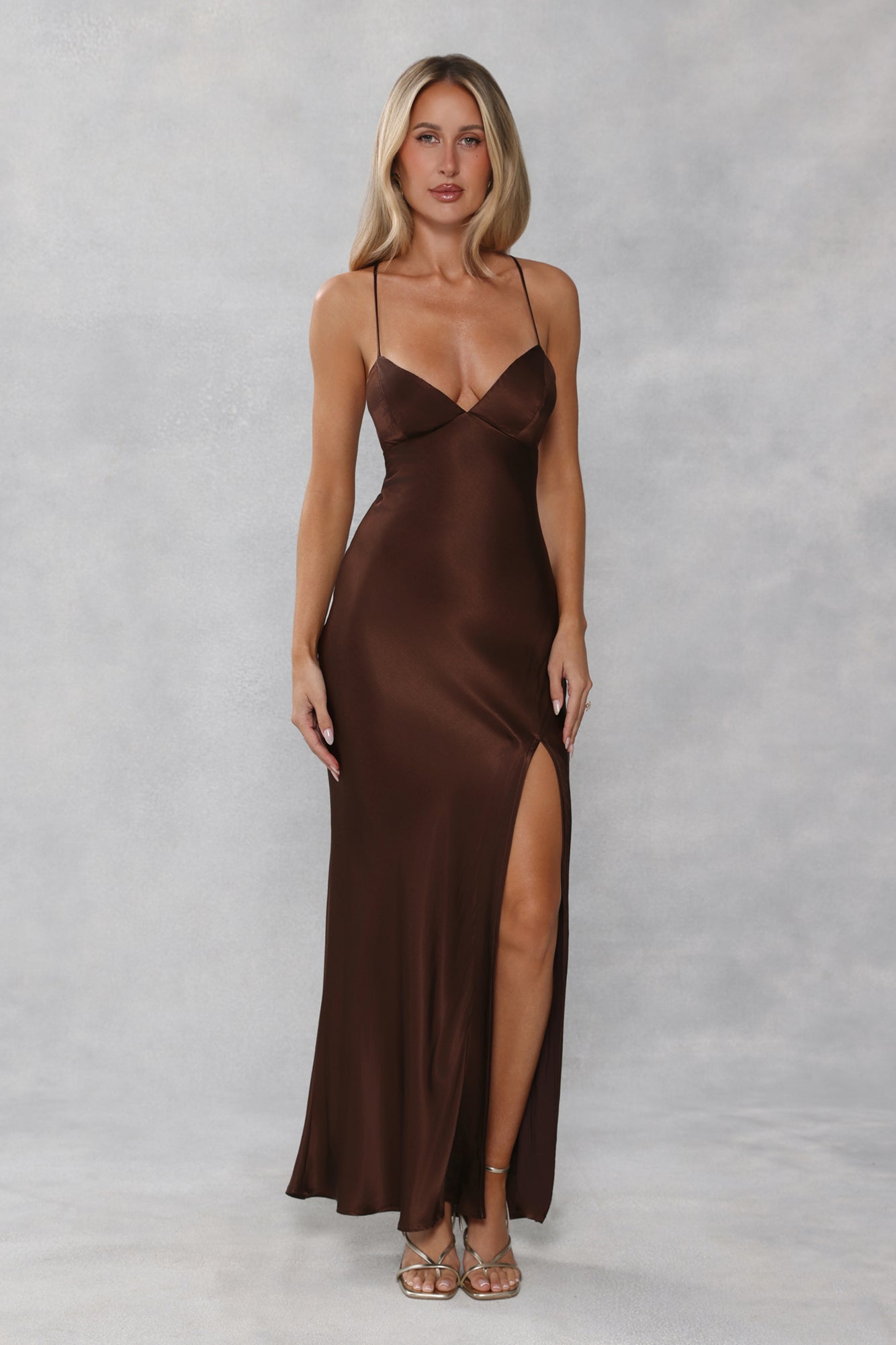 Feathorne Women's Colette Chocolate Brown Satin Maxi Dress - styled view