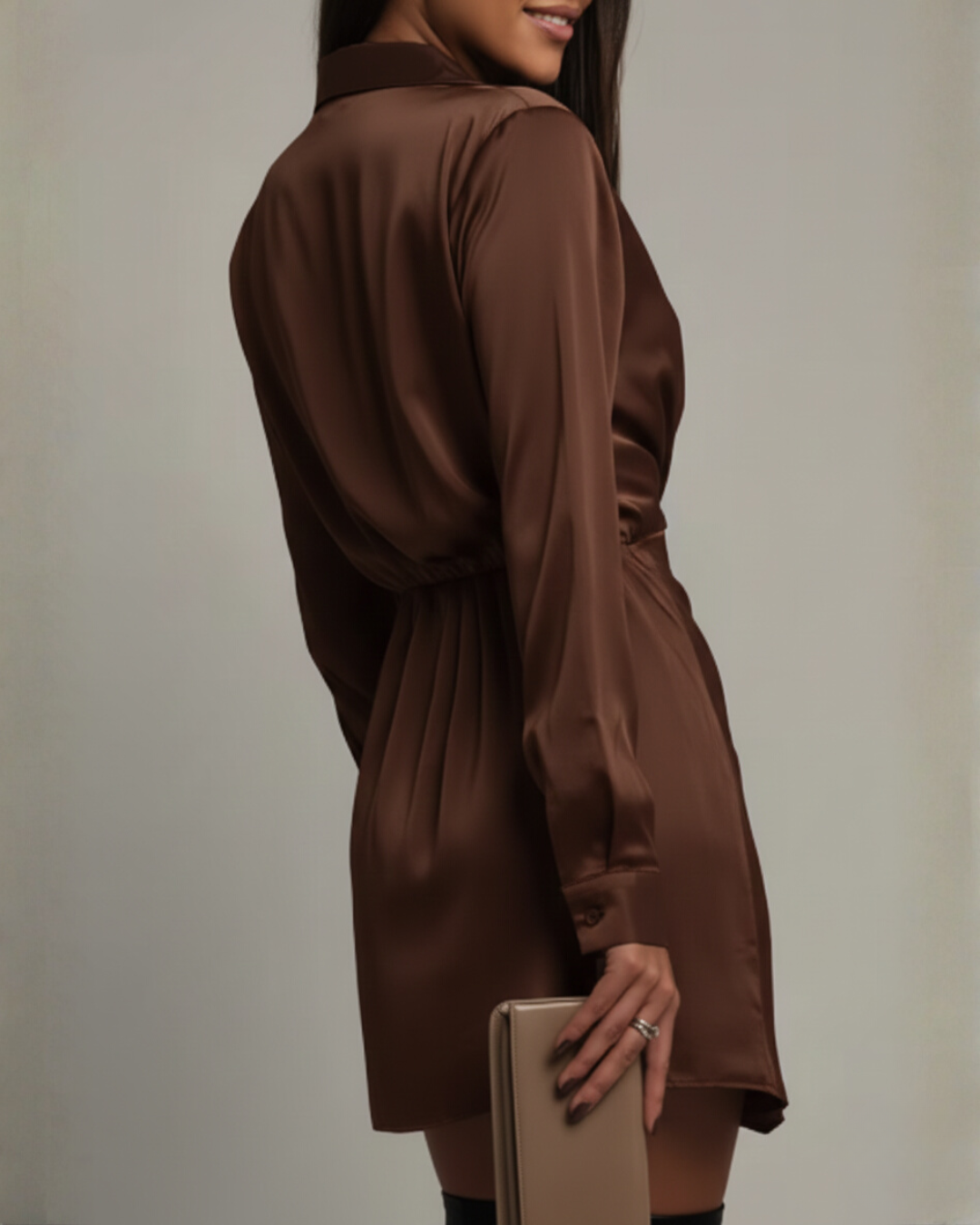 Feathorne Women's Cosima Brown Satin Wrap Mini Dress - styled view
