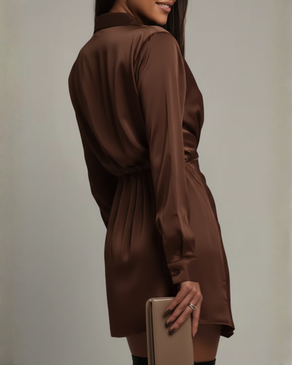 Feathorne Women's Cosima Brown Satin Wrap Mini Dress - styled view
