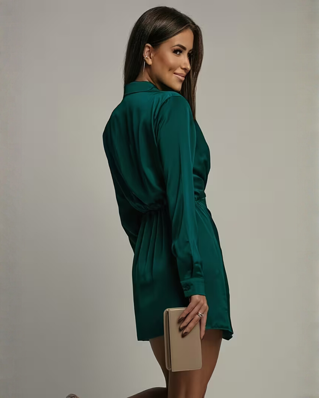 Feathorne Women's Cosima Teal Satin Wrap Mini Dress - front view style