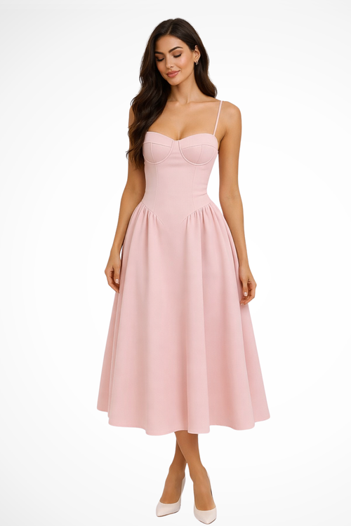 Feathorne Women's Isabelle Pink A-Line Midi Dress - front view