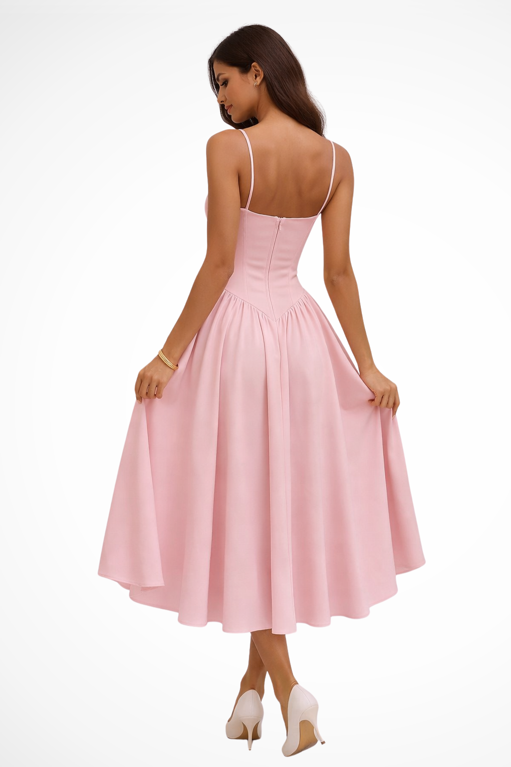 Feathorne Women's Isabelle Pink A-Line Midi Dress - detail view