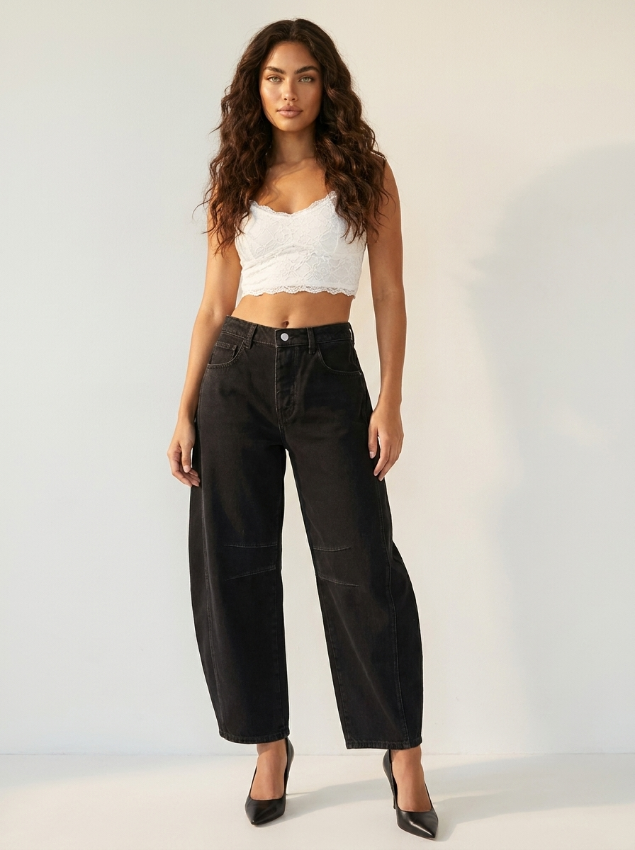 Feathorne Women's Bridget Black Barrel Jeans - back view showing details