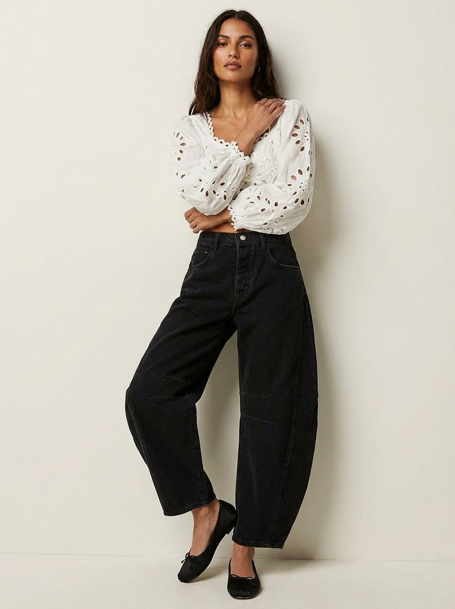 Feathorne Women's Bridget Black Barrel Jeans - styled with top